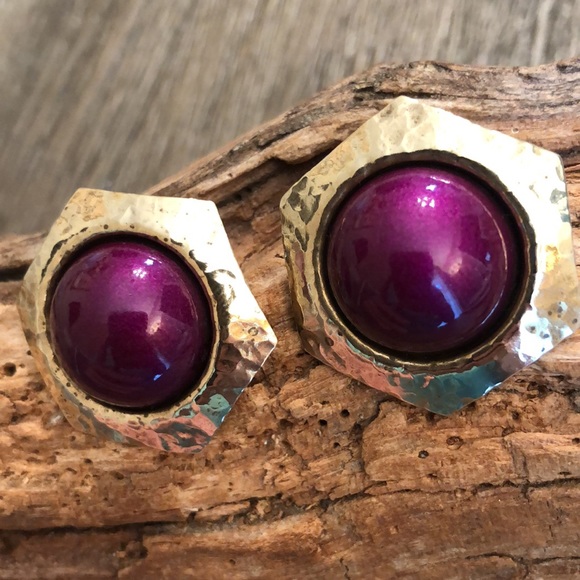 Vintage Hammered Brass Hexagon Earrings with Purple Center - Picture 10 of 14
